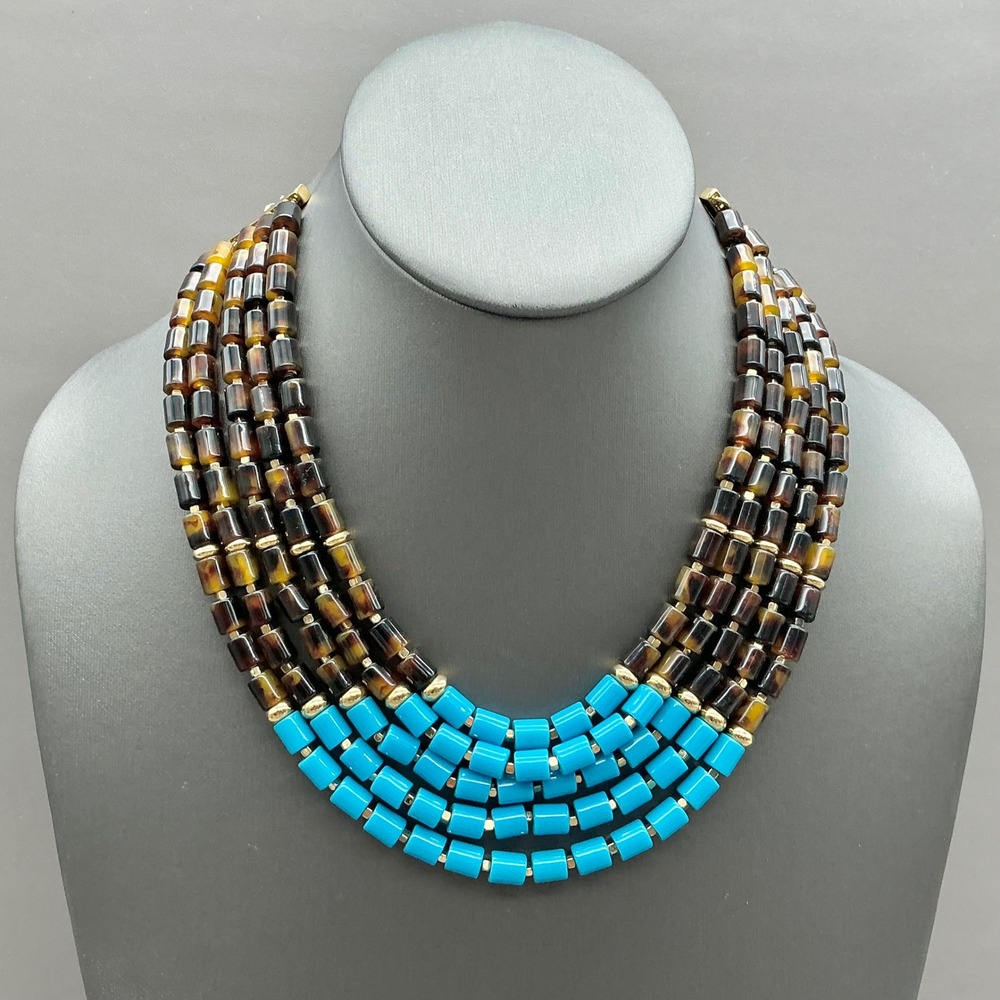 Fossil Necklace Turquoise Blue Brown Beaded Multi Strand Statement Gold Tone 18"